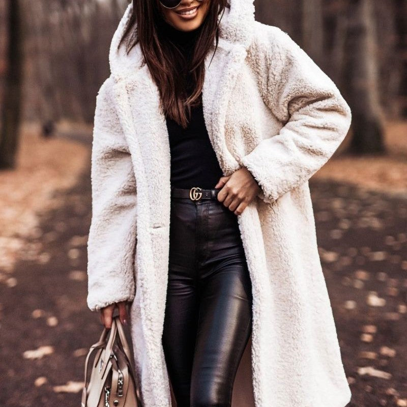 Elegant Women's Long Teddy Coat  Warm Faux Fleece Autumn Jacket