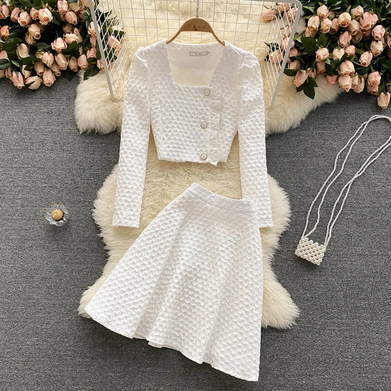 StillSerene™ Autumn outfit set for women in white, pink & black. Knitted skirt & top set