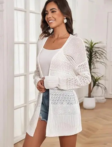 StillSerene™ Women's Autumn Cardigan - Lightweight Crochet in white & black.
