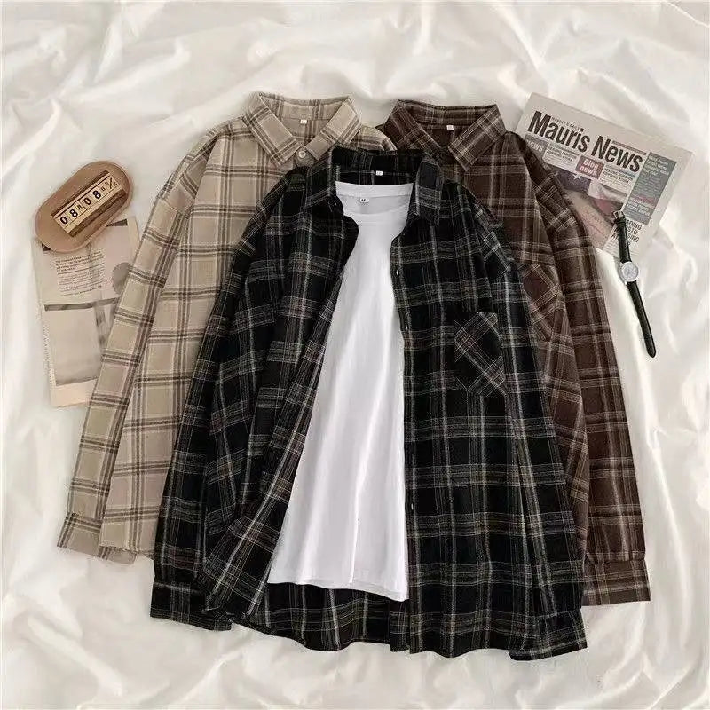 StillSerene™ Vintage Plaid Shirt for Women – Oversized Long Sleeve Autumn Style