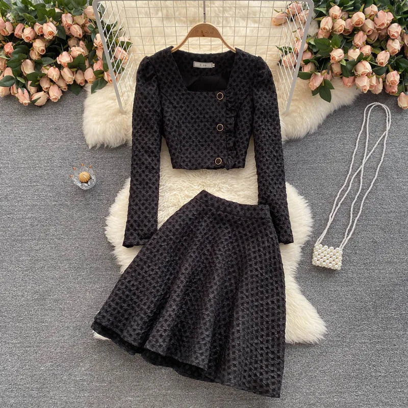 StillSerene™ Autumn outfit set for women in white, pink & black. Knitted skirt & top set