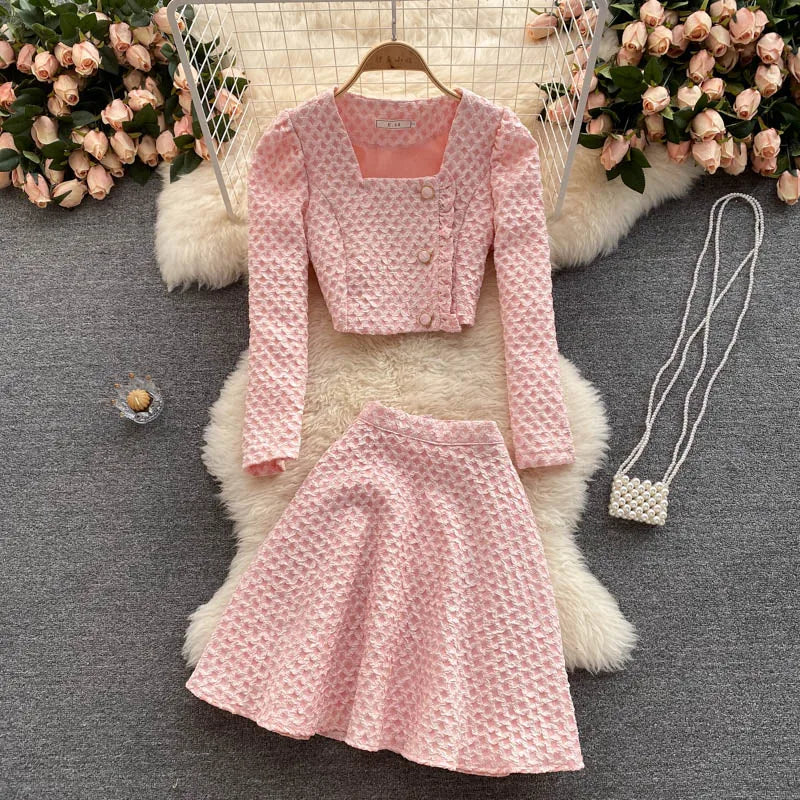 StillSerene™ Autumn outfit set for women in white, pink & black. Knitted skirt & top set