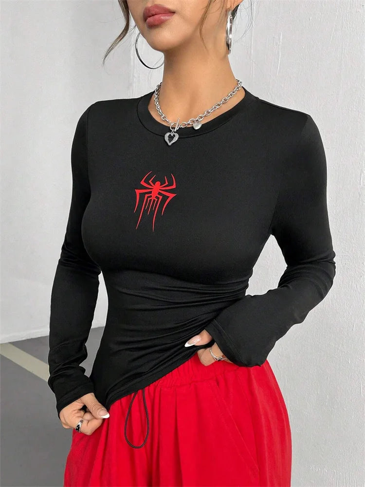 StillSerene™ Spiderman long sleeve top for women. Y2K bodyfitting top