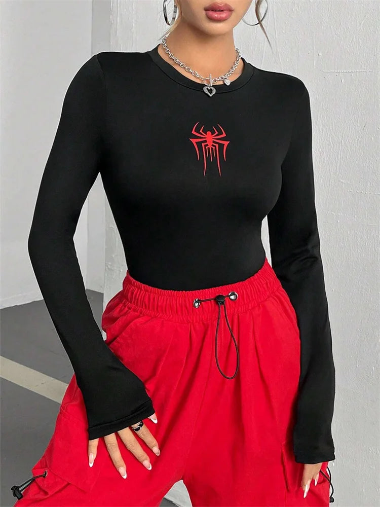 StillSerene™ Spiderman long sleeve top for women. Y2K bodyfitting top