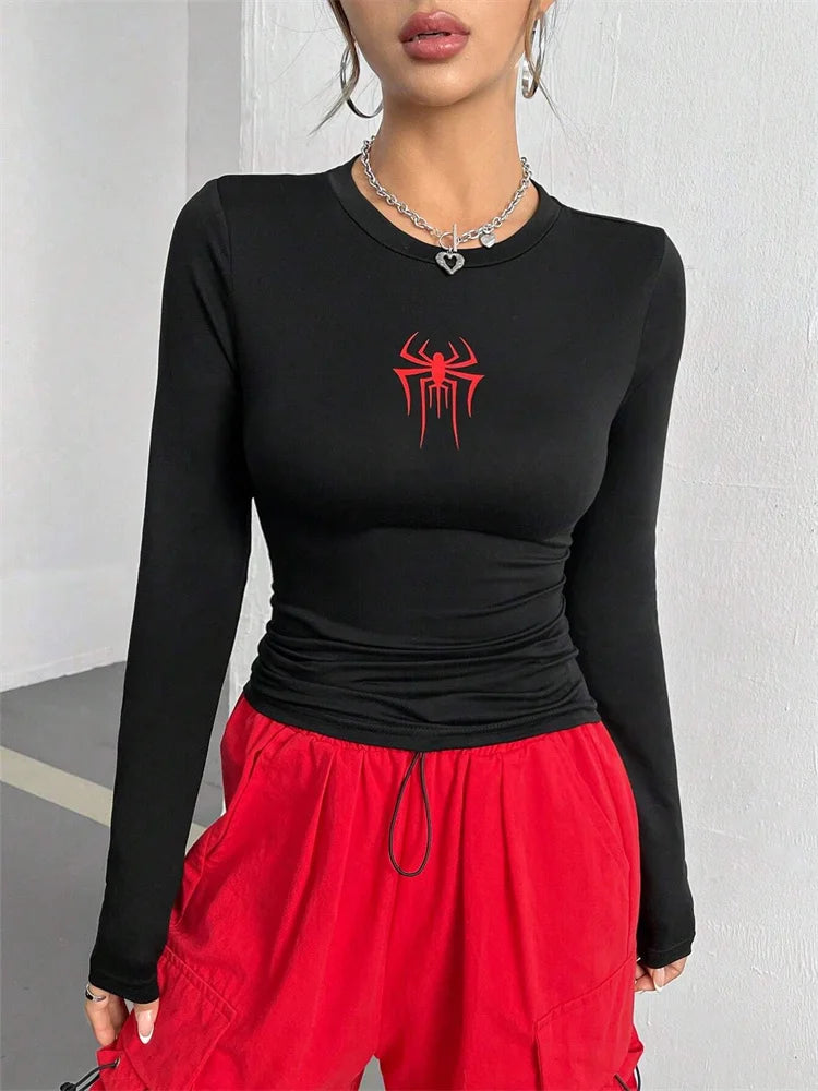 StillSerene™ Spiderman long sleeve top for women. Y2K bodyfitting top