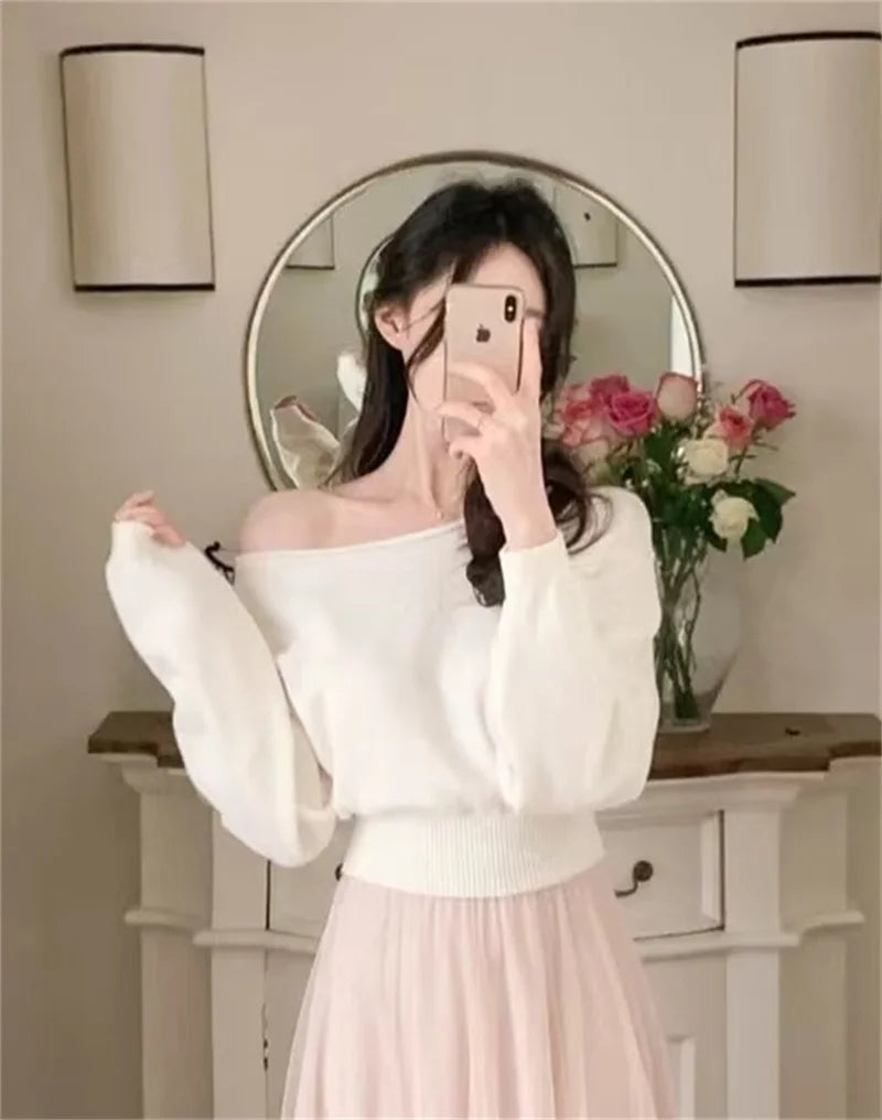 StillSerene™ Off Shoulder sweater in beige - perfect for Autumn.
