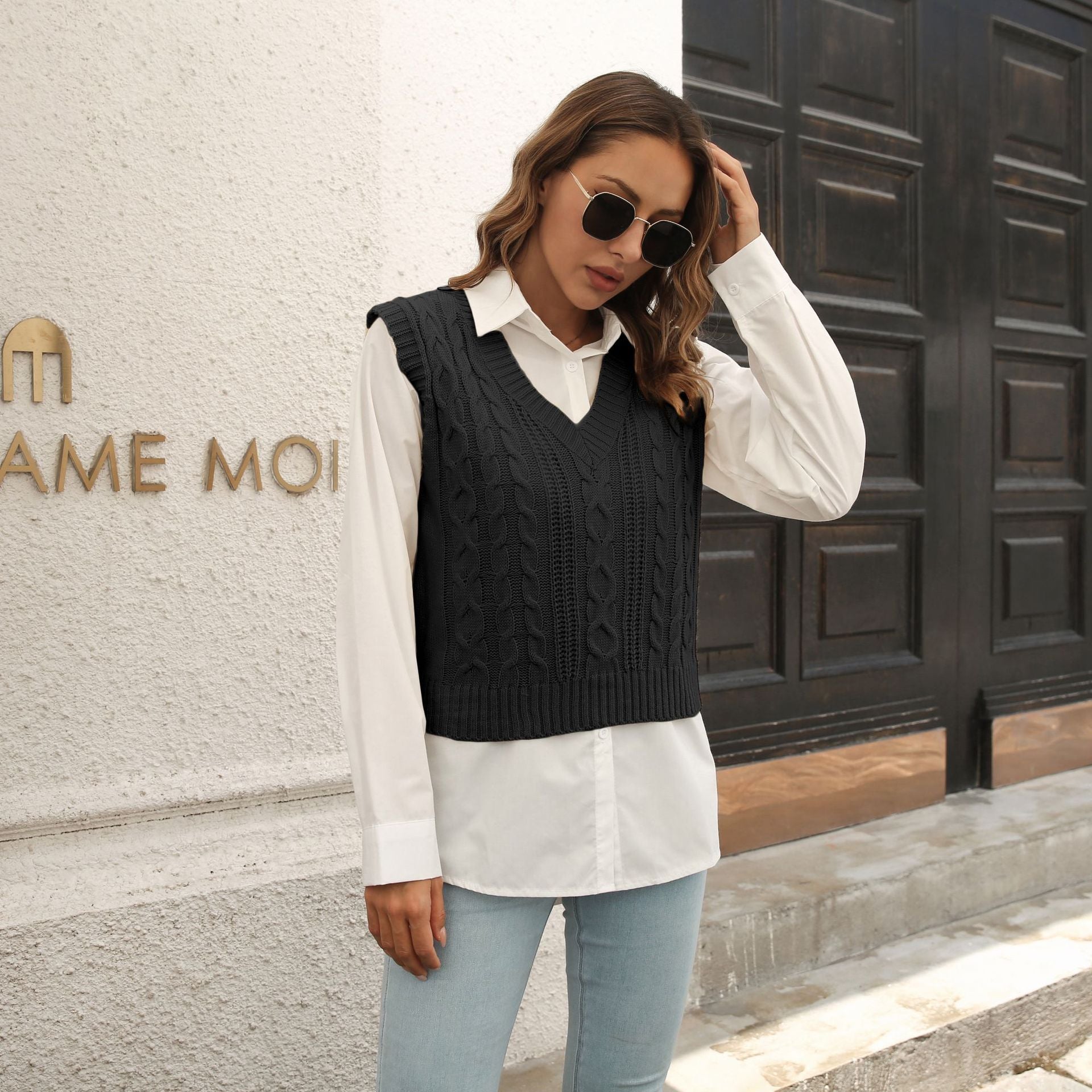StillSerene™ Sweater Vest Women - White & Black sweater vest.